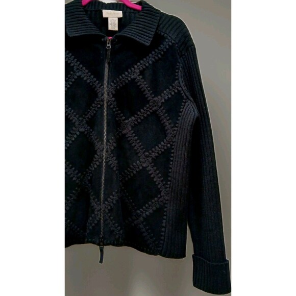 Vintage Studio Works Black Patchwork Leather Knit Zip Sweater Large Y2K Grunge - Picture 3 of 8